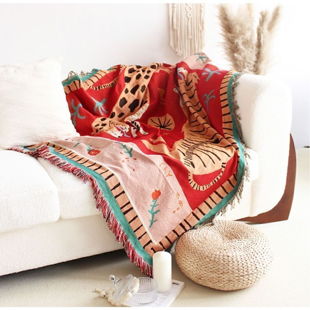 Tiger and Cheetah Boho Orange Woven Throw Blanket Tapestry Big Cats Don’t Cry - Picture 3 of 7